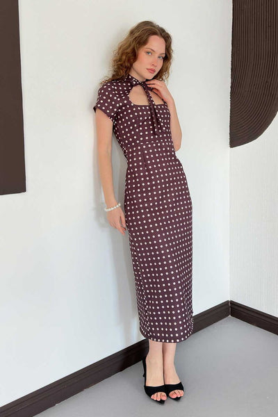 D 3073 PUANTİYELİ ELBİSE - KAHVE