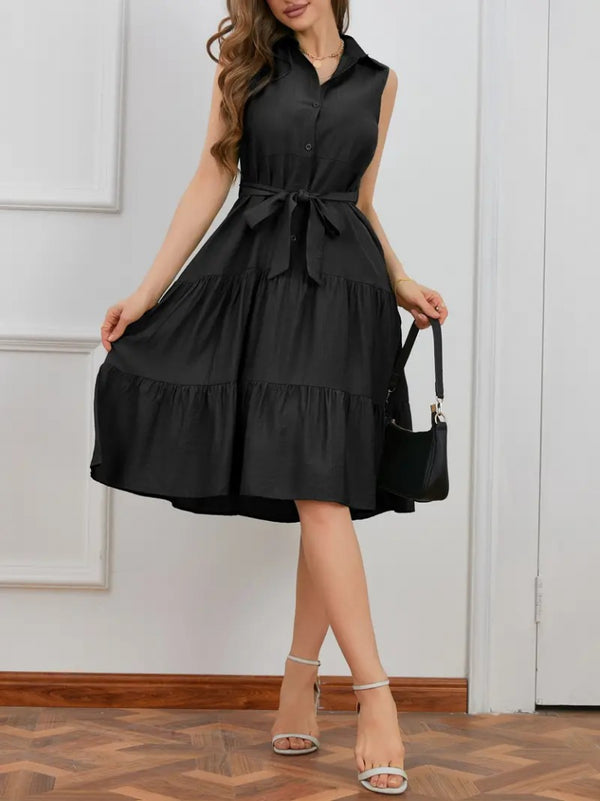 Rochie midi pentru femei, cu mânecă scurtă, guler cămașă, nasturi și curea, din material țesut în straturi, 17152