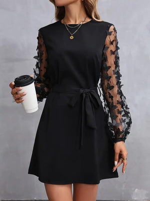 Rochie de damă cu mânecă lungă, guler rotund, mâneci din tul și detalii fluture, rochie din crep importat, 34759