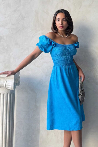 Gathered Boat Neck Linen Dress - Dark Blue | Topshow