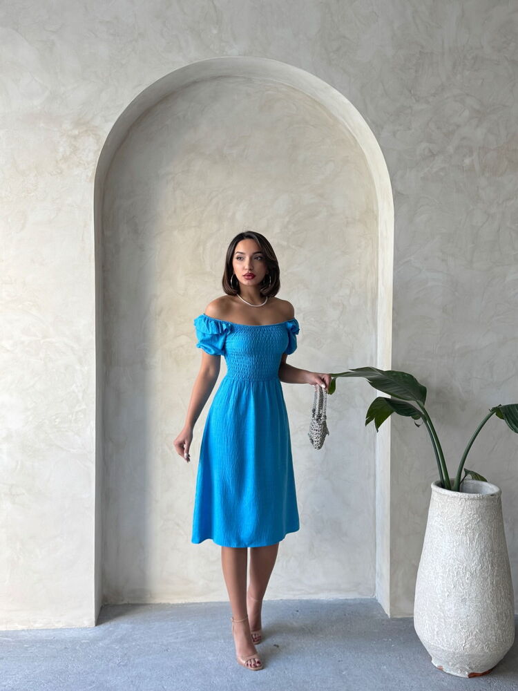 Gathered Boat Neck Linen Dress - Dark Blue | Topshow