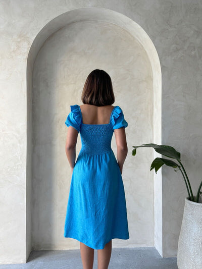 Gathered Boat Neck Linen Dress - Dark Blue | Topshow