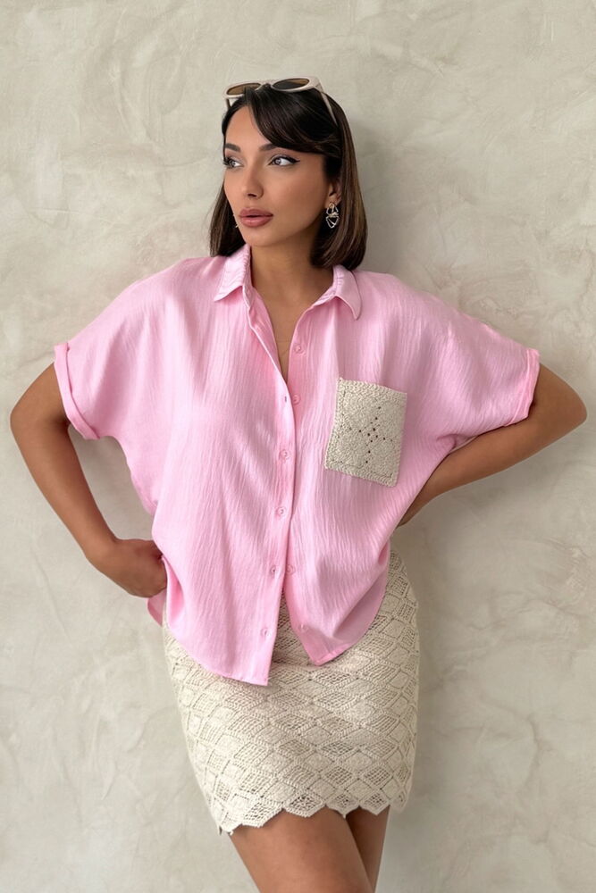 Pocketed Linen Wholesale Shirt - Pink | Topshow