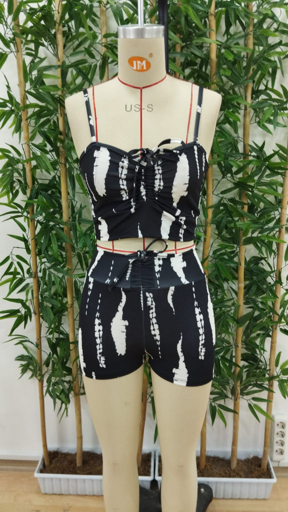 Set de două piese pentru femei, colanți mini crop cu detalii încrețite și bretele, 25682