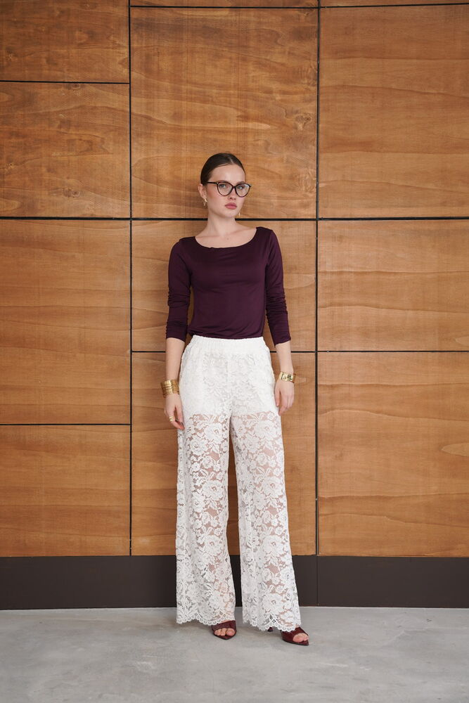 Pantaloni brodați - Crem | D2967 - Topshow