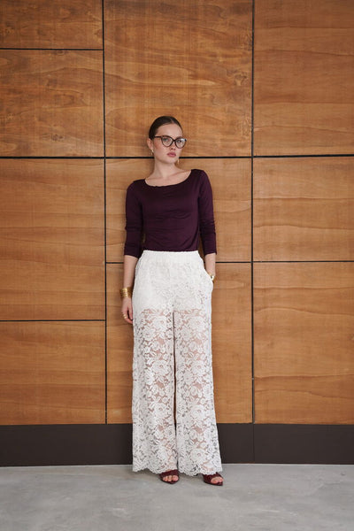 Pantaloni brodați - Crem | D2967 - Topshow