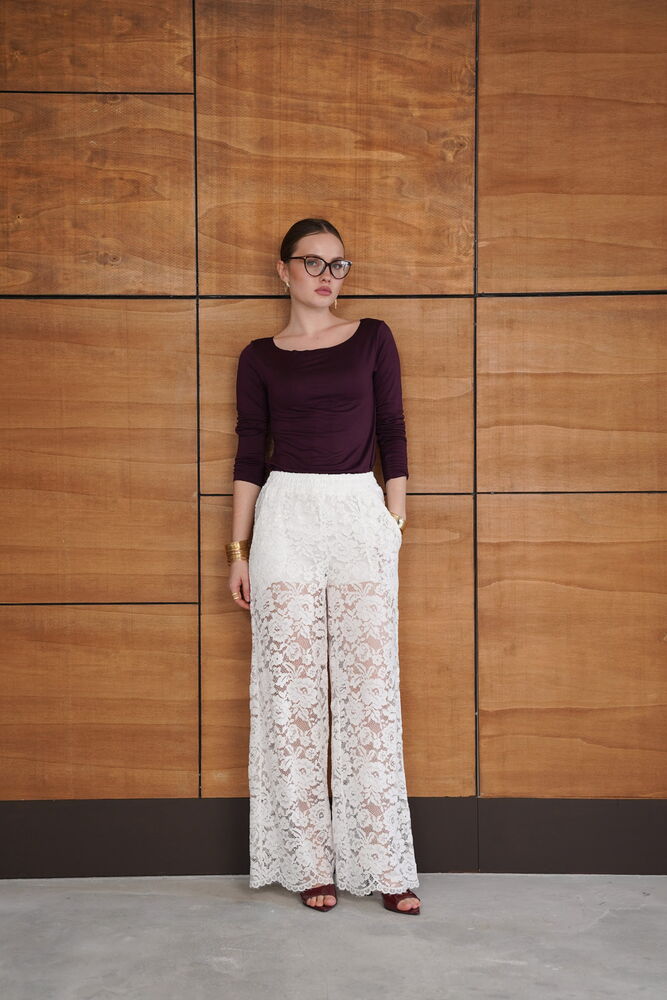 Pantaloni brodați - Crem | D2967 - Topshow