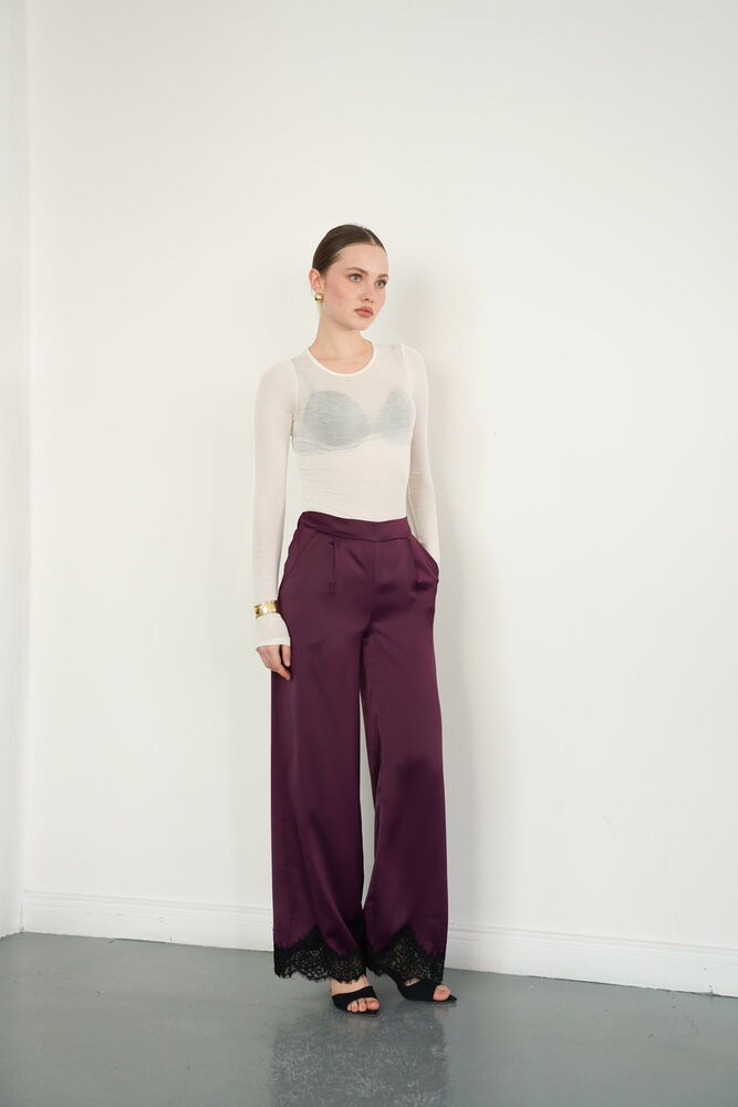 Paçası Dantelli Saten Toptan Pantolon - Mürdüm | D2969 - Topshow