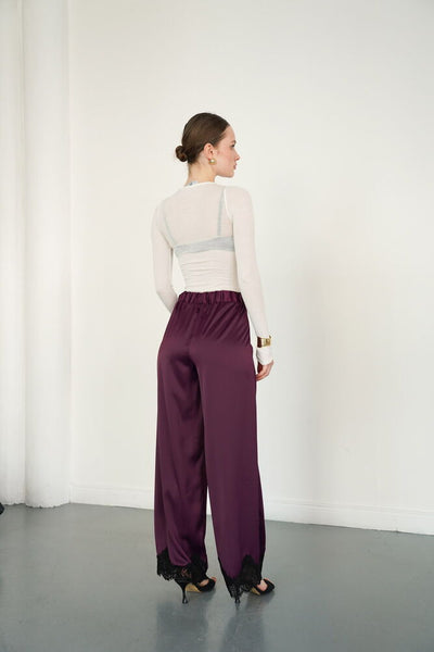 Paçası Dantelli Saten Toptan Pantolon - Mürdüm | D2969 - Topshow