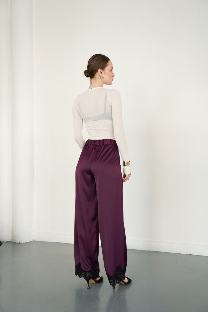 Paçası Dantelli Saten Toptan Pantolon - Mürdüm | D2969 - Topshow