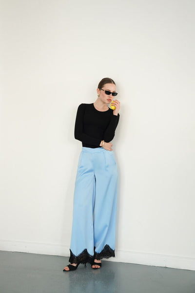 Lace-Hem Satin Wholesale Pants - Blue | D2969 - Topshow