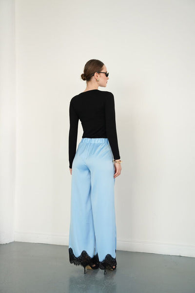 Lace-Hem Satin Wholesale Pants - Blue | D2969 - Topshow