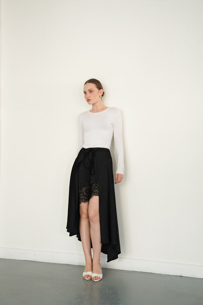Lace Detail Satin Wholesale Skirt - Black | D2976 - Topshow