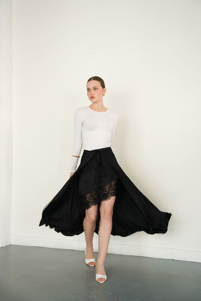 Lace Detail Satin Wholesale Skirt - Black | D2976 - Topshow