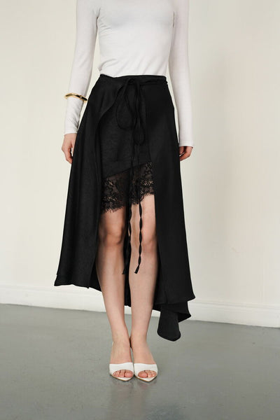 Lace Detail Satin Wholesale Skirt - Black | D2976 - Topshow