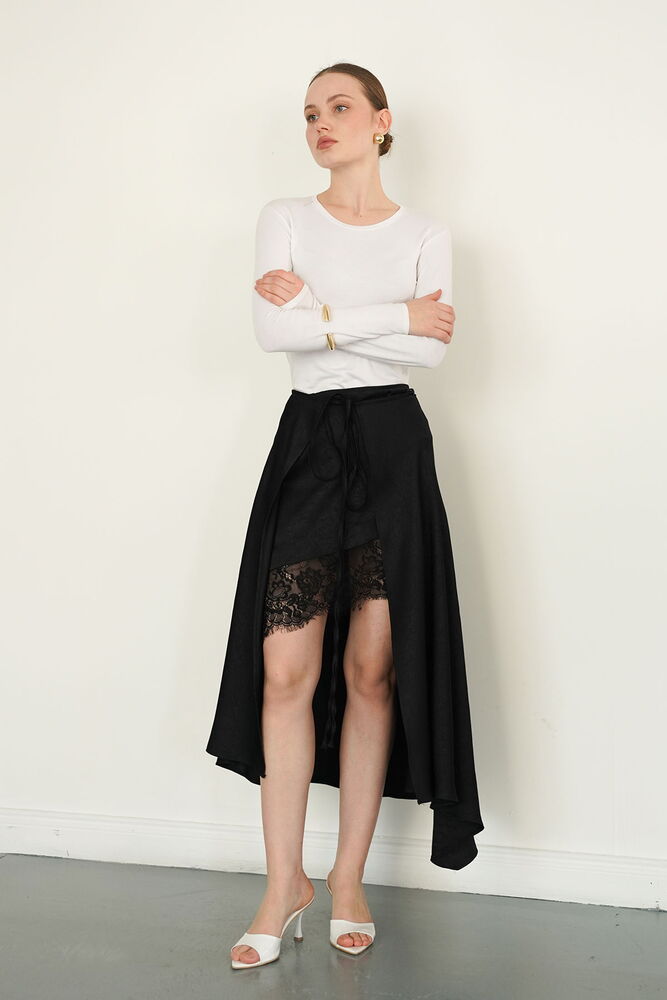 Lace Detail Satin Wholesale Skirt - Black | D2976 - Topshow