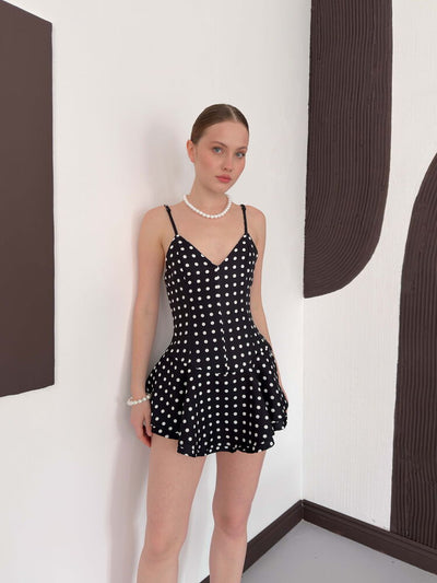 Rochie mini cu buline și bretele - Negru crem | D3003 Topshow