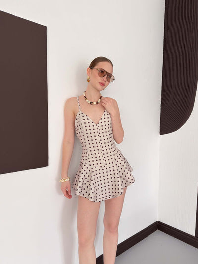 Polka Dot Strappy Mini Dress - Stone Coffee | D3003 Topshow