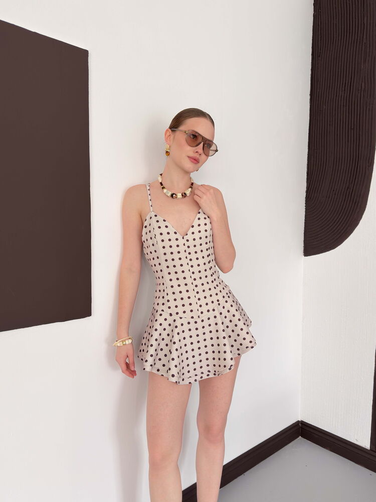 Polka Dot Strappy Mini Dress - Stone Coffee | D3003 Topshow