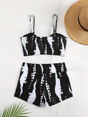 Set de două piese pentru femei, colanți mini crop cu detalii încrețite și bretele, 25682