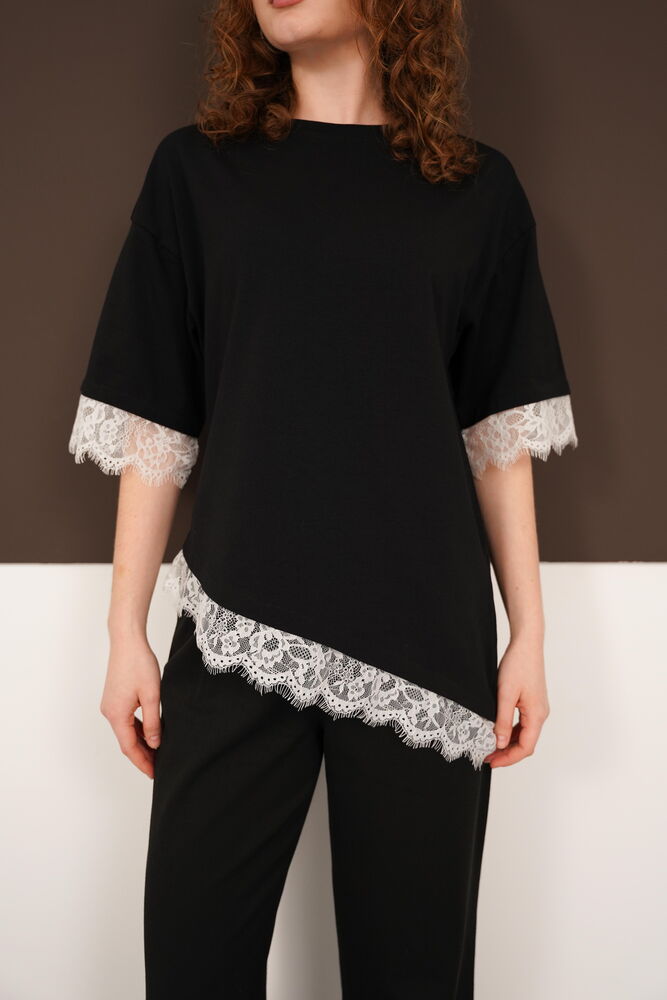Lace Detail Crew Neck Wholesale T-Shirt - Black White | D3005 - Topshow