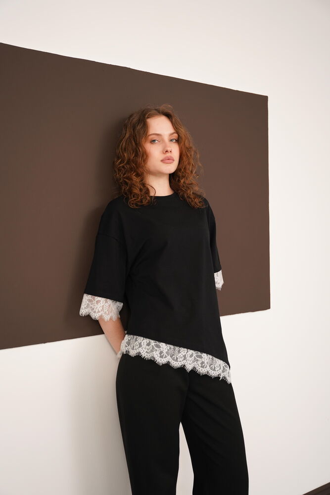 Lace Detail Crew Neck Wholesale T-Shirt - Black White | D3005 - Topshow