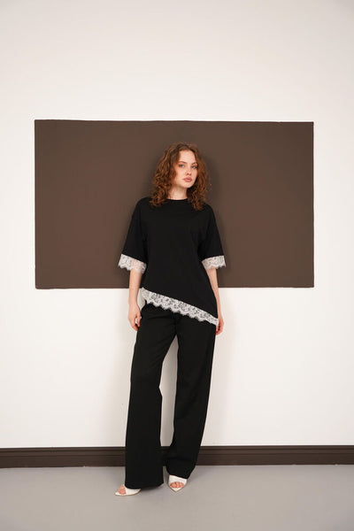 Lace Detail Crew Neck Wholesale T-Shirt - Black White | D3005 - Topshow