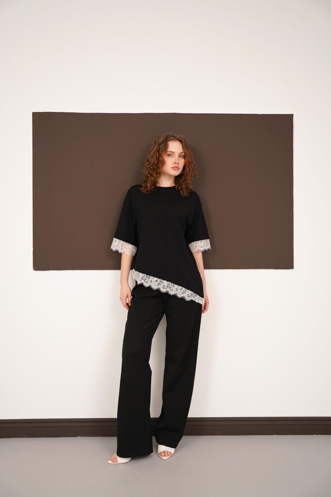 Lace Detail Crew Neck Wholesale T-Shirt - Black White | D3005 - Topshow