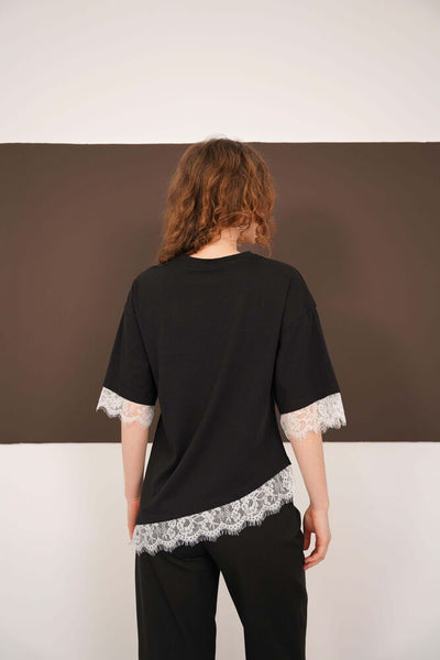 Lace Detail Crew Neck Wholesale T-Shirt - Black White | D3005 - Topshow