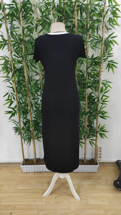 Rochie damă lungă din viscoză, cu guler rotund reiat, albă, cu detalii crăpături, 35592