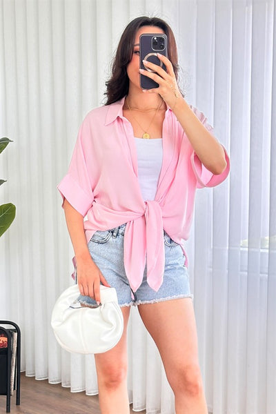 Bluza Kimono de Toptan Roz Basic cu Mânecă Scurtă