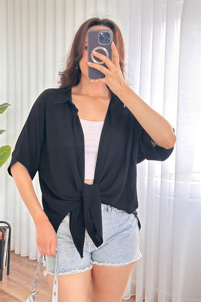 Kısa Kol Basic Kimono Toptan Siyah Bluz