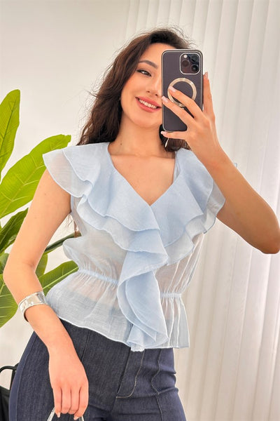 Bluza de Toptan Albastru Bebe cu Talie Elastic și Franje