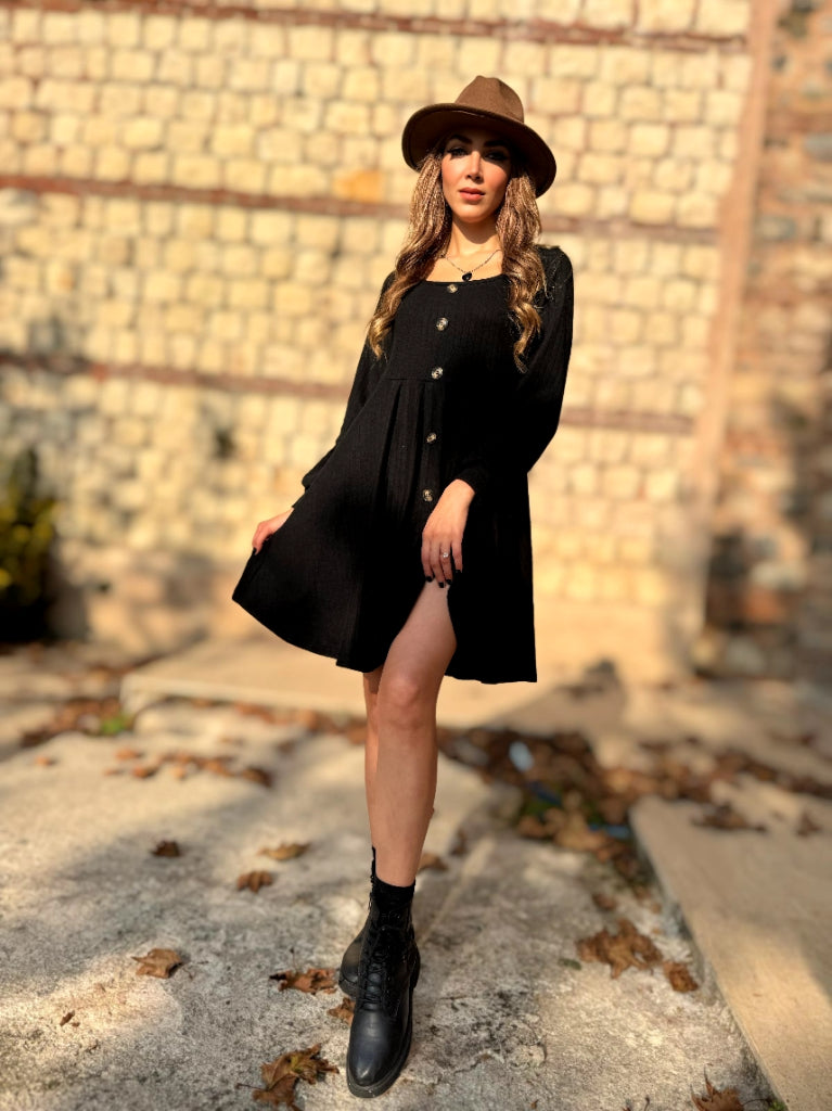 Rochie mini din bumbac plușat cu mâneci lungi, guler pătrat și nasturi pentru femei, 26917