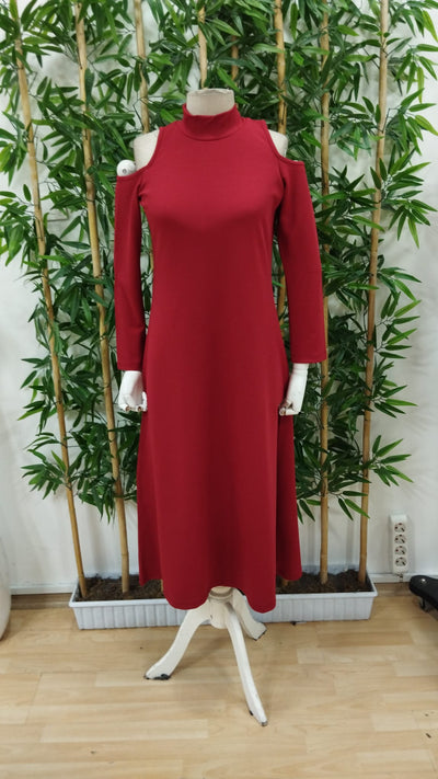 Rochie Lunga Dama din Crep Janjan cu Guler Inalt si Decupaje la Umeri, Maneca Lunga, 28194
