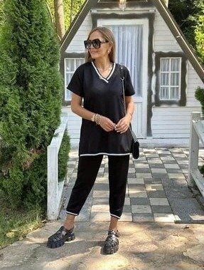 Kadın Kısa Kollu V Yakalı Iki Iplik Bluz Ve Pantolon Ikili Takım, 35789