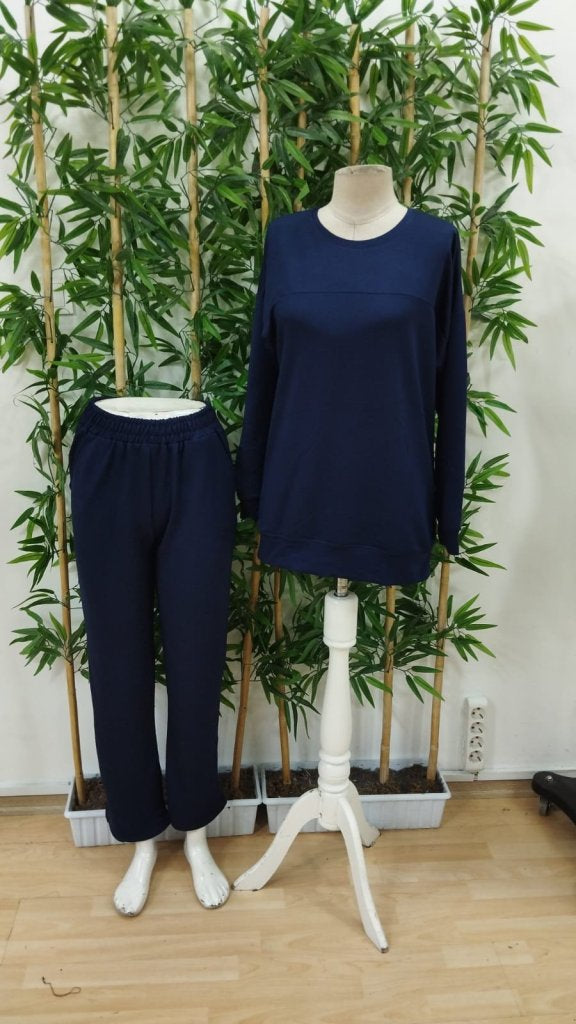 Set de două piese pentru femei, bluză cu mânecă lungă, guler rotund, din viscoză, țesătură double-face și pantaloni, 26775