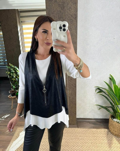 Kadın Uzun Kollu Asimetrik Kesim Viskon Bluz Ve çatlak Deri Görünümlü Yelek Ikili Takım, 21105