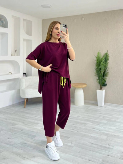 Set două piese damă, bluză din viscoză cu mânecă scurtă, guler rotund și pantaloni, tip două fire, 37756