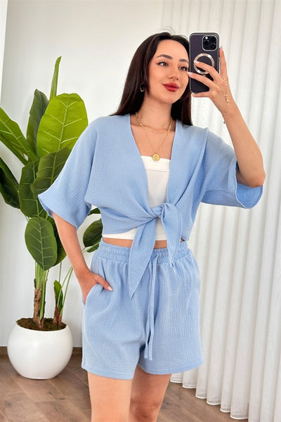 Müslin Cepli Kısa Model Toptan Bebe Mavisi Şort