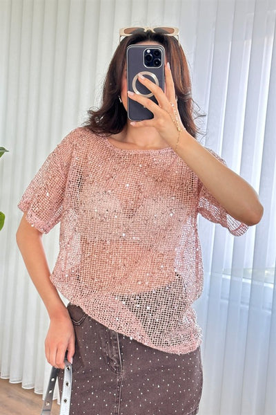 Bluza de Toptan Roz cu Paiete Stralucitoare