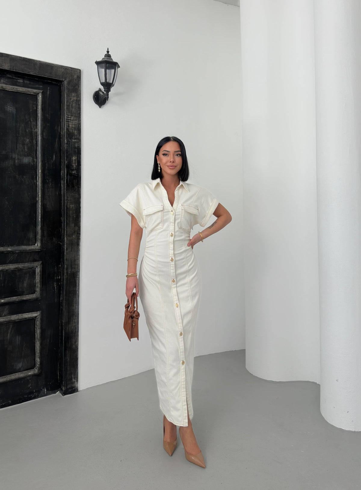 Rochie de damă cu nasturi întregi și fermoar ascuns, stil natural