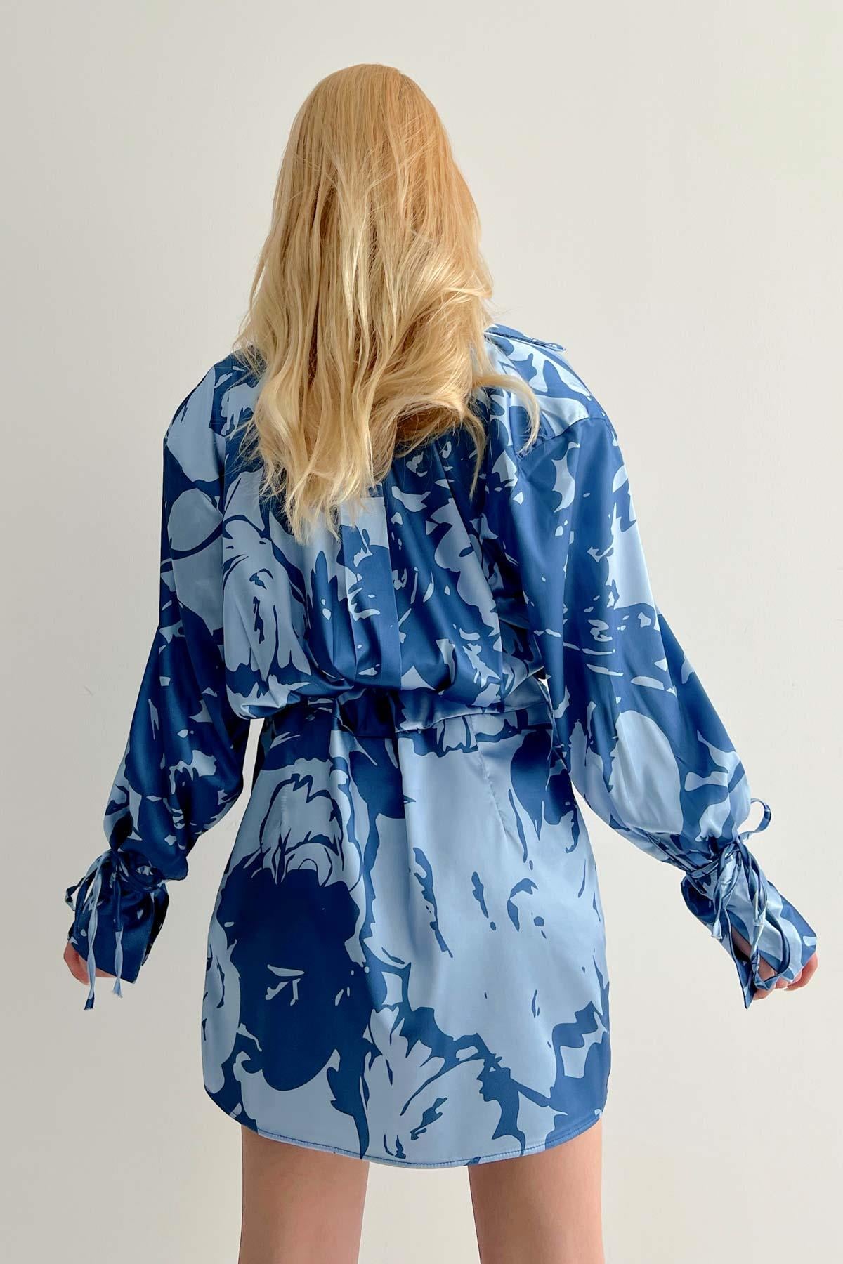 Rochie Bluza cu Detalii Manseta Matlasata - Albastru