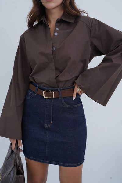 Fustă Jeans Cu Cordon Peste Genunchi Spălare Rinse
