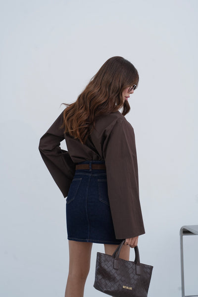 Fustă Jeans Cu Cordon Peste Genunchi Spălare Rinse