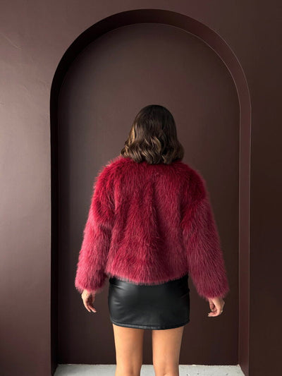 Topshow - Wholesale Burgundy Short Jacket with Fur Detail