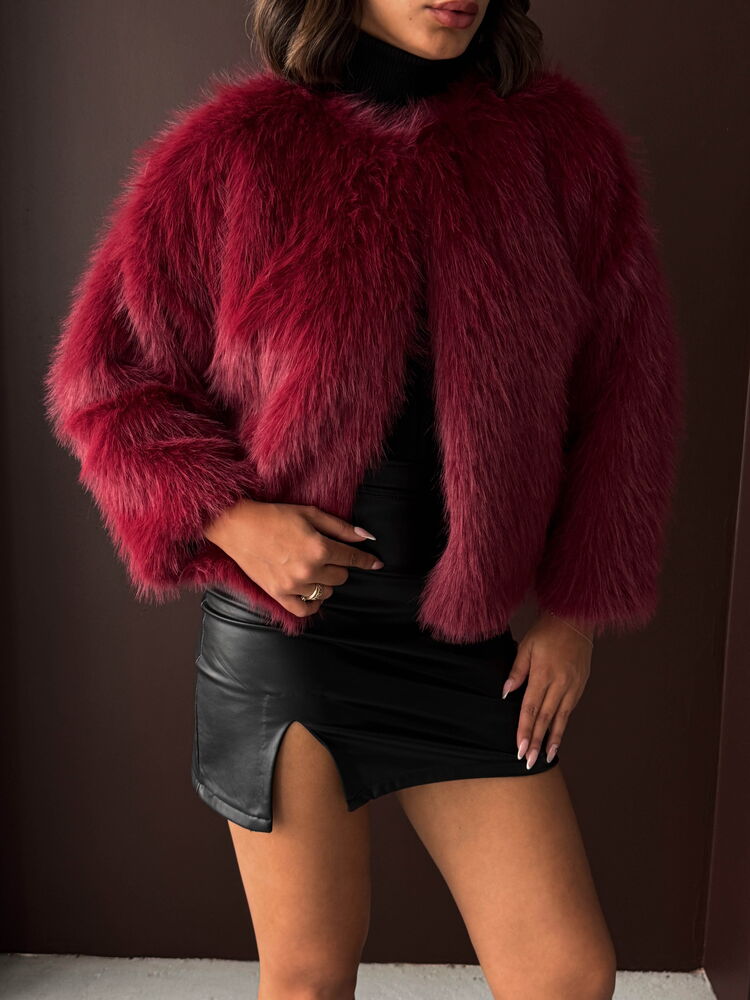 Topshow - Wholesale Burgundy Short Jacket with Fur Detail