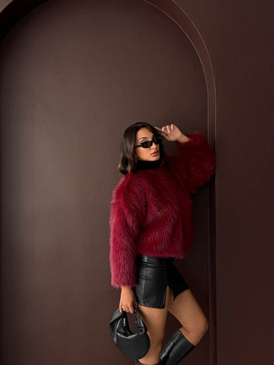 Topshow - Wholesale Burgundy Short Jacket with Fur Detail
