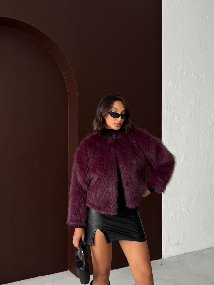 Topshow - Wholesale Plum Short Jacket with Fur Detail