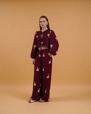 Önden Baglamalı Nakışlı Toptan bluz - Bordo